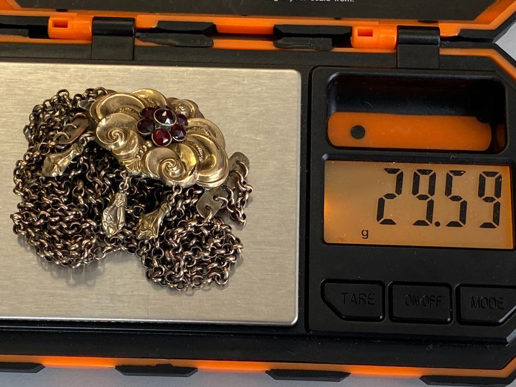 Antike Halskette Kropfkette Trachtenkette Sterling Silber vergoldet Granat 19JH