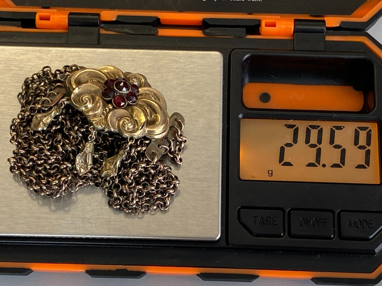 Antike Halskette Kropfkette Trachtenkette Sterling Silber vergoldet Granat 19JH