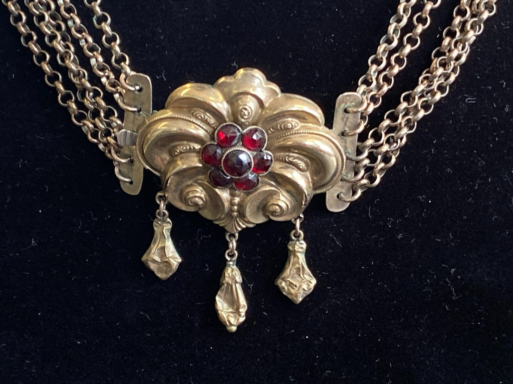 Antike Halskette Kropfkette Trachtenkette Sterling Silber vergoldet Granat 19JH