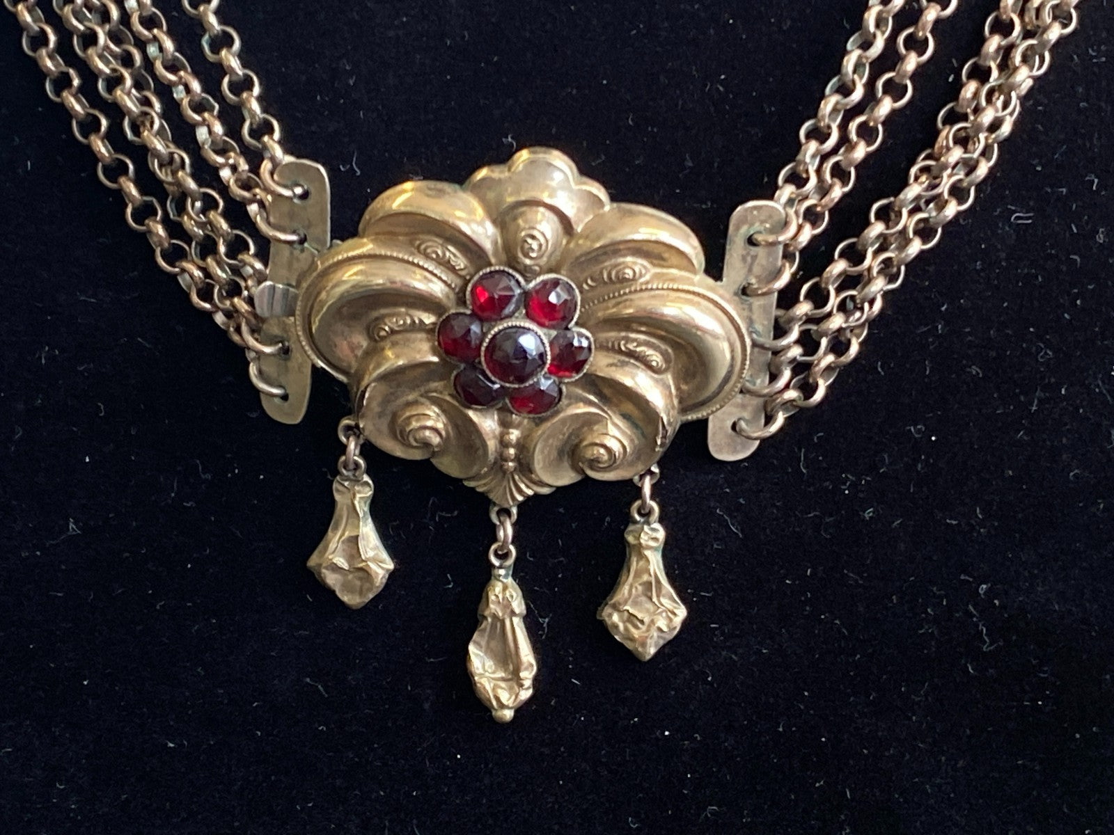 Antike Halskette Kropfkette Trachtenkette Sterling Silber vergoldet Granat 19JH