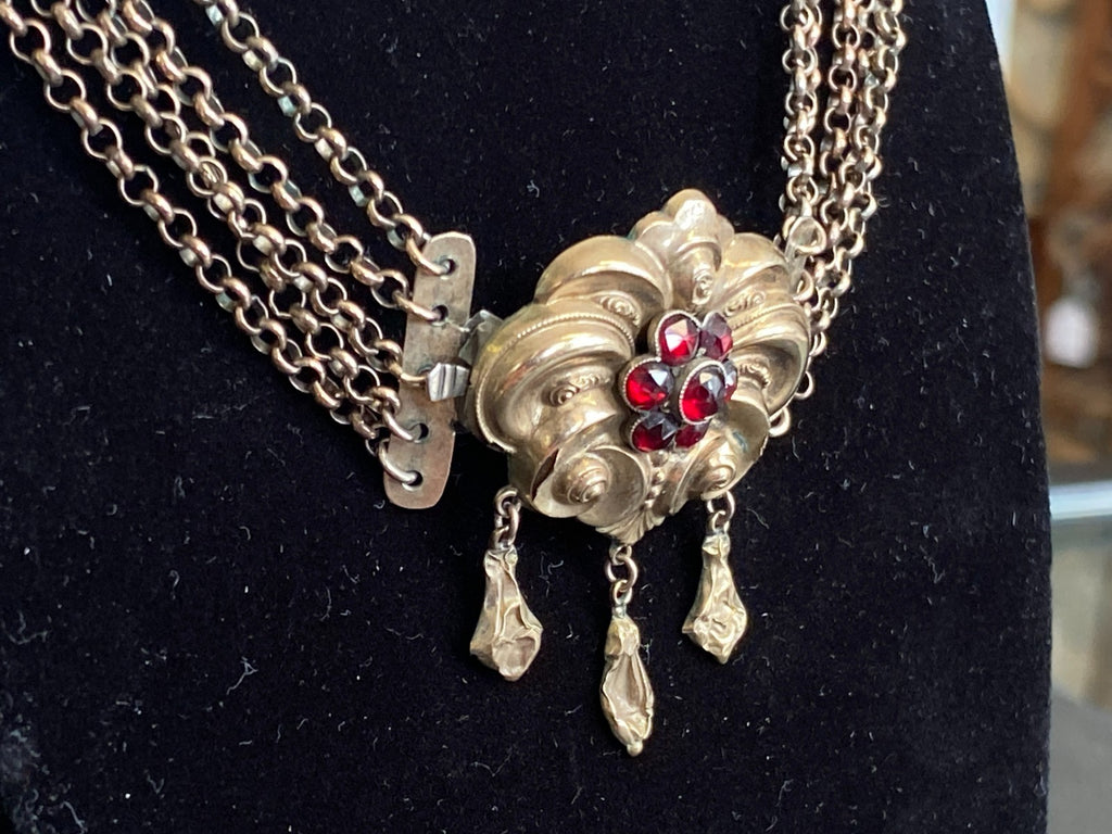 Antike Halskette Kropfkette Trachtenkette Sterling Silber vergoldet Granat 19JH