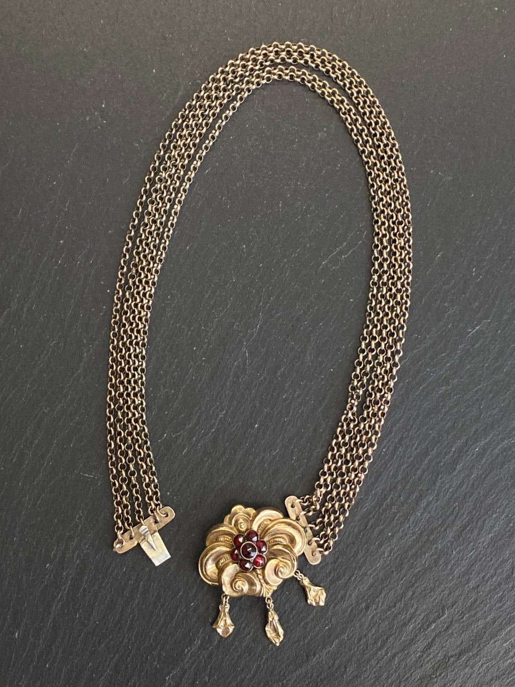 Antike Halskette Kropfkette Trachtenkette Sterling Silber vergoldet Granat 19JH