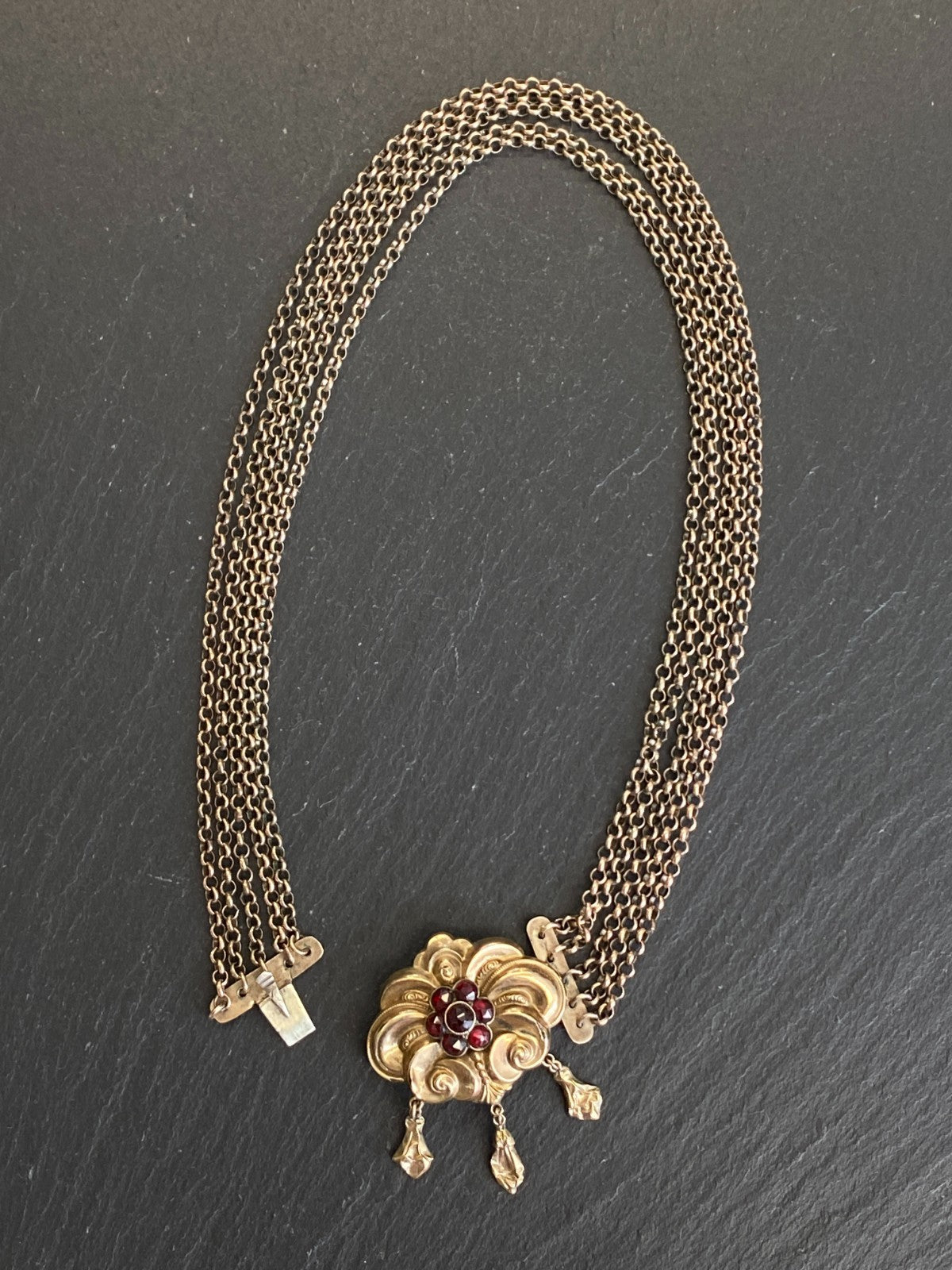 Antike Halskette Kropfkette Trachtenkette Sterling Silber vergoldet Granat 19JH
