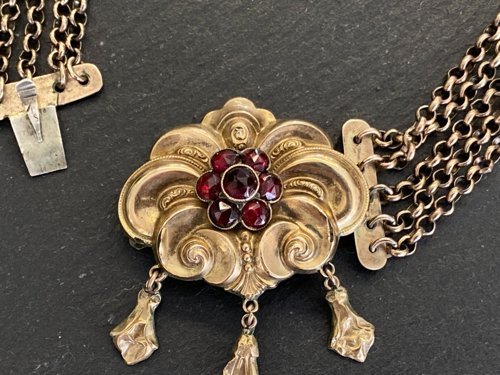 Antike Halskette Kropfkette Trachtenkette Sterling Silber vergoldet Granat 19JH