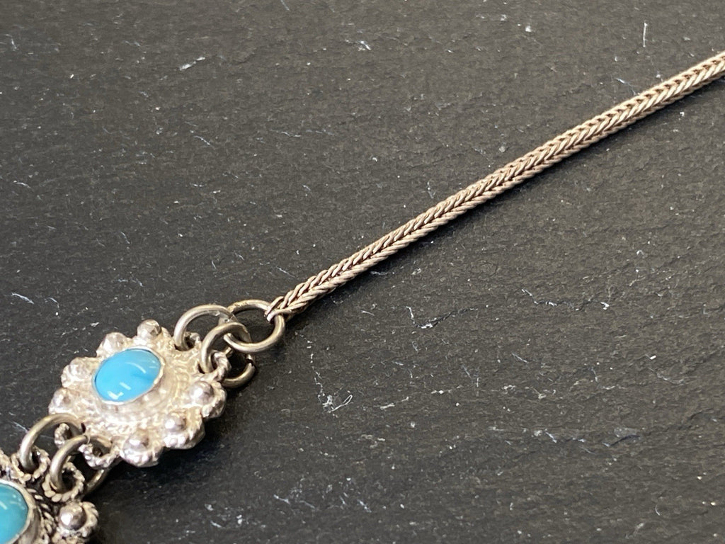 Prunkvolle Halskette Kette mit Türkis Cabochons Türkise aus 950 Sterling Silber