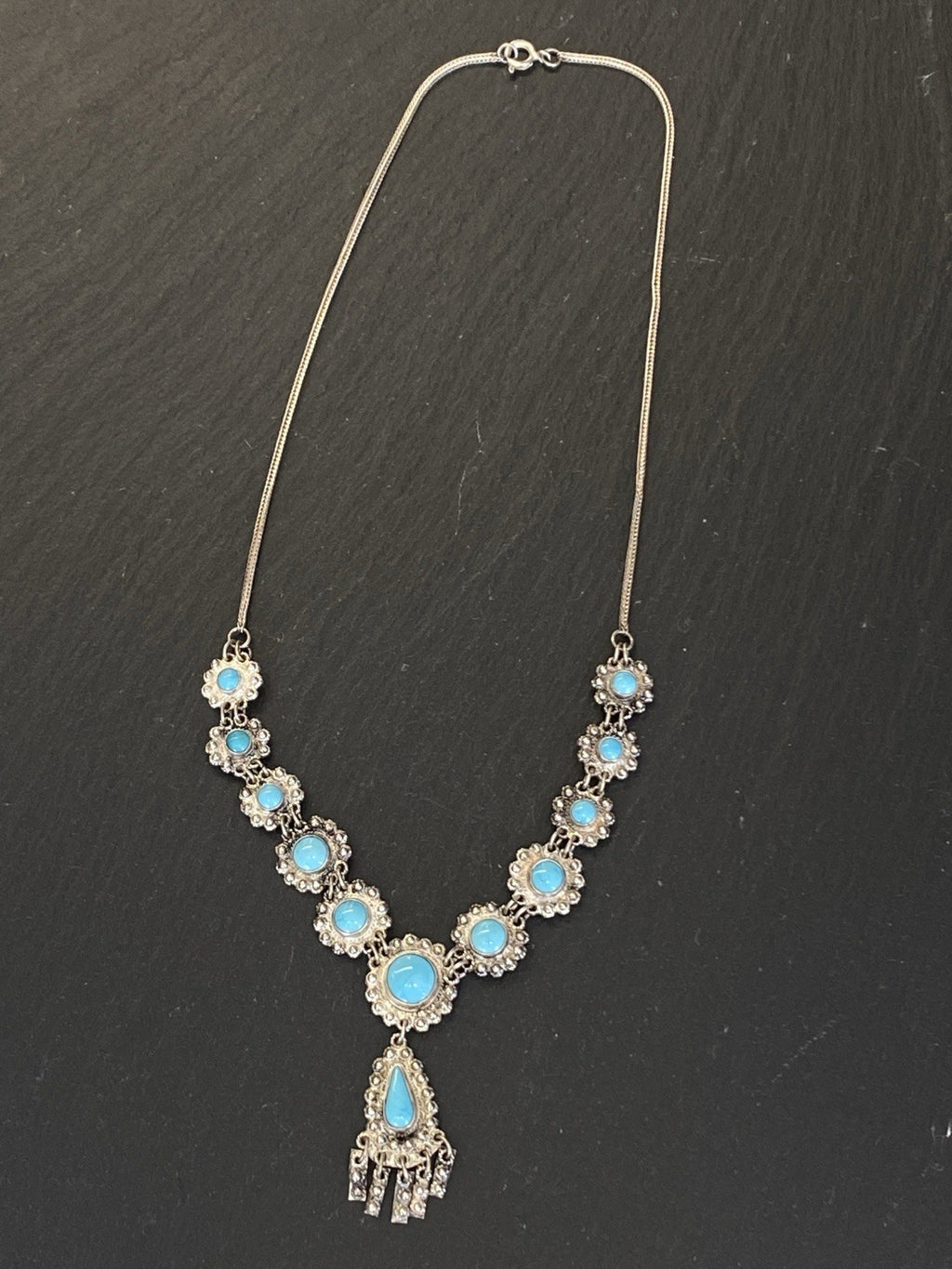 Prunkvolle Halskette Kette mit Türkis Cabochons Türkise aus 950 Sterling Silber