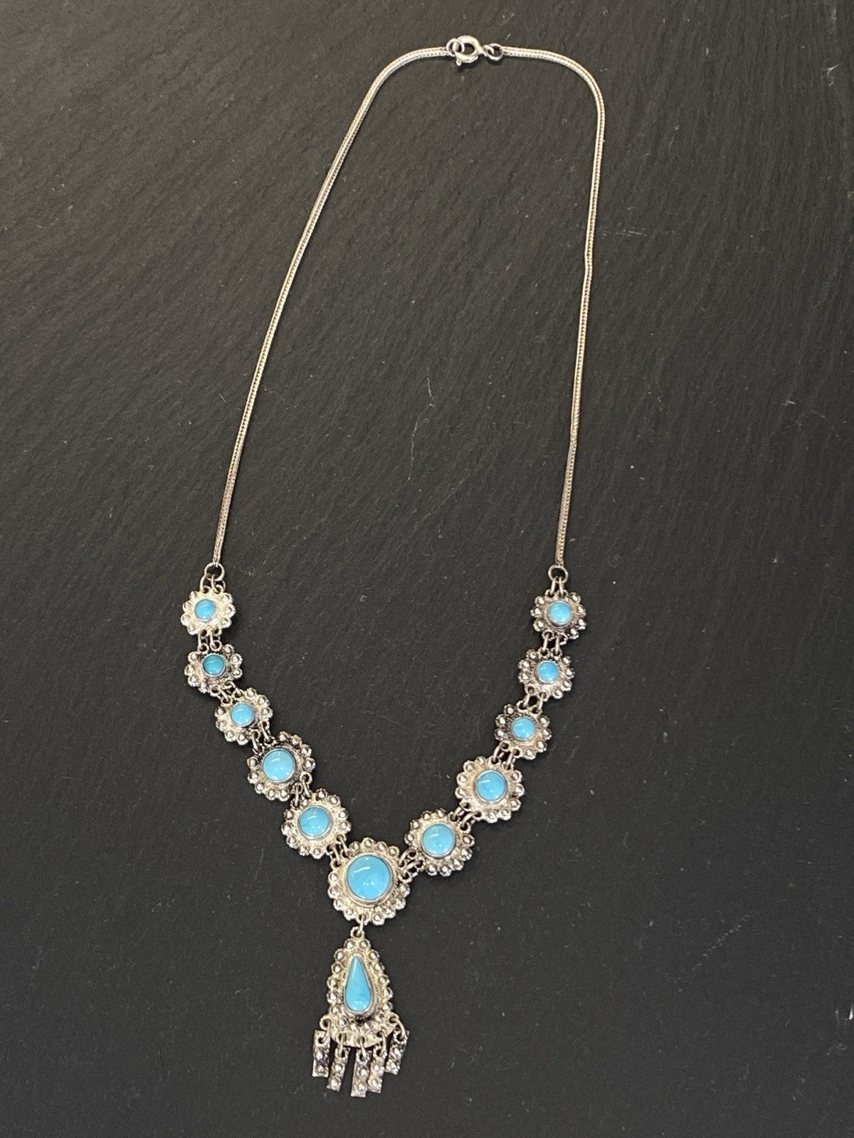 Prunkvolle Halskette Kette mit Türkis Cabochons Türkise aus 950 Sterling Silber