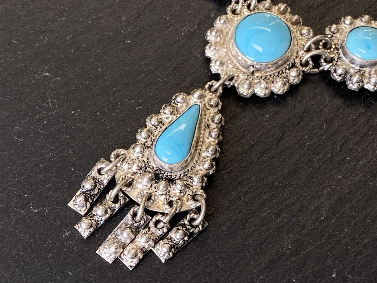 Prunkvolle Halskette Kette mit Türkis Cabochons Türkise aus 950 Sterling Silber