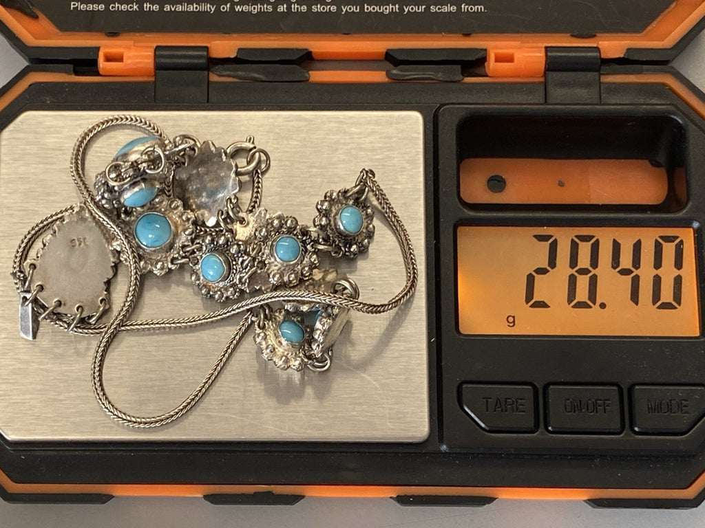 Prunkvolle Halskette Kette mit Türkis Cabochons Türkise aus 950 Sterling Silber