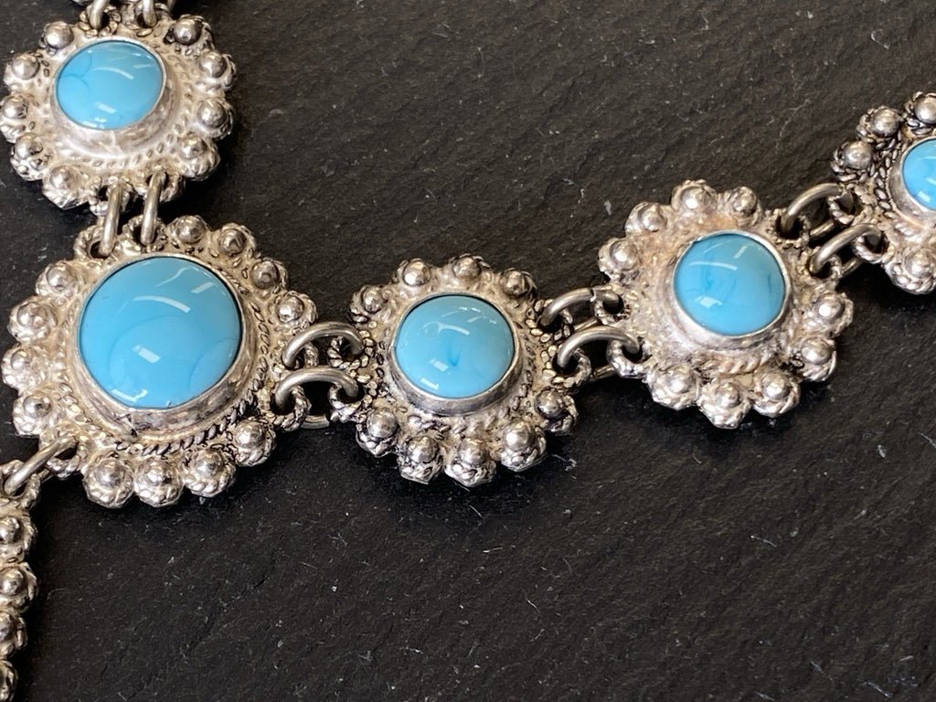 Prunkvolle Halskette Kette mit Türkis Cabochons Türkise aus 950 Sterling Silber