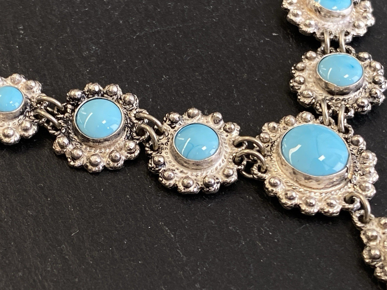 Prunkvolle Halskette Kette mit Türkis Cabochons Türkise aus 950 Sterling Silber