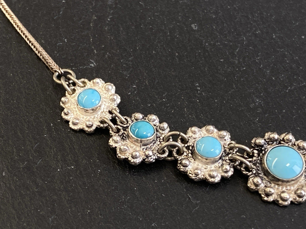 Prunkvolle Halskette Kette mit Türkis Cabochons Türkise aus 950 Sterling Silber