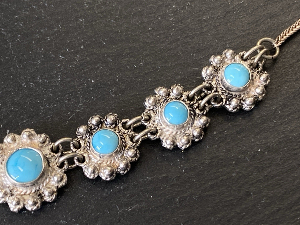 Prunkvolle Halskette Kette mit Türkis Cabochons Türkise aus 950 Sterling Silber