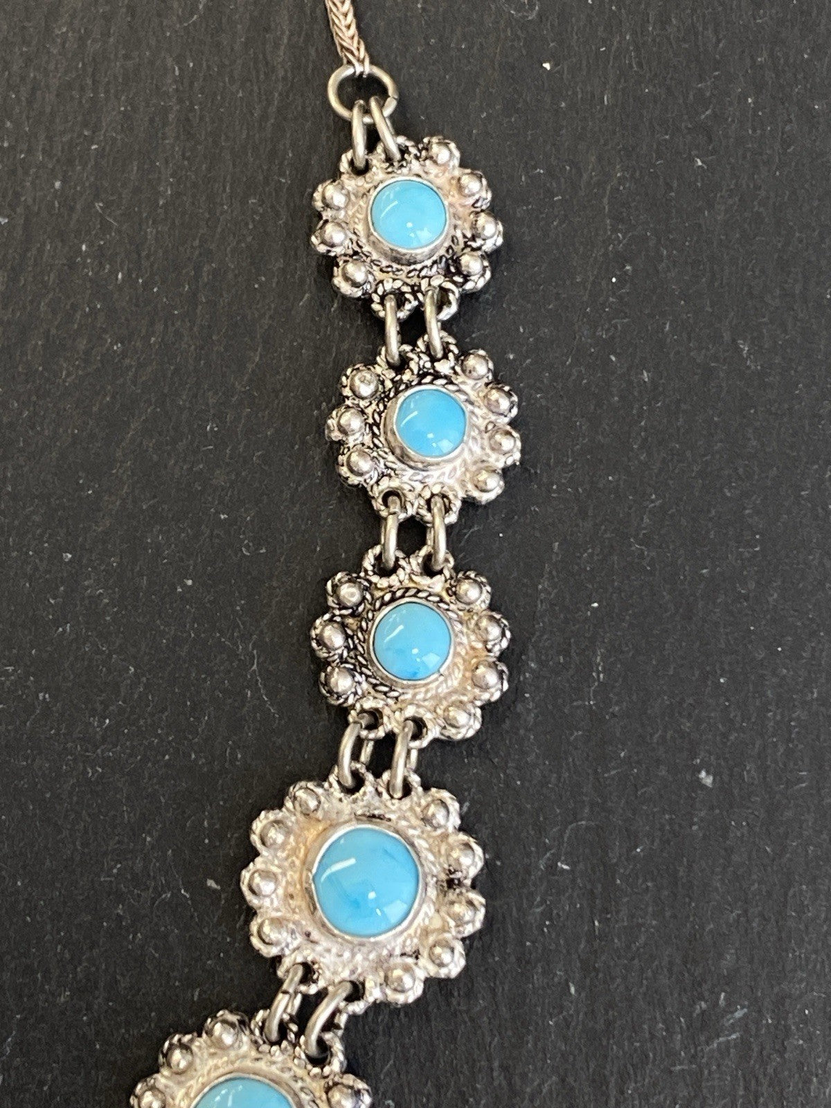 Prunkvolle Halskette Kette mit Türkis Cabochons Türkise aus 950 Sterling Silber