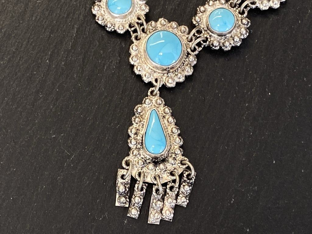 Prunkvolle Halskette Kette mit Türkis Cabochons Türkise aus 950 Sterling Silber