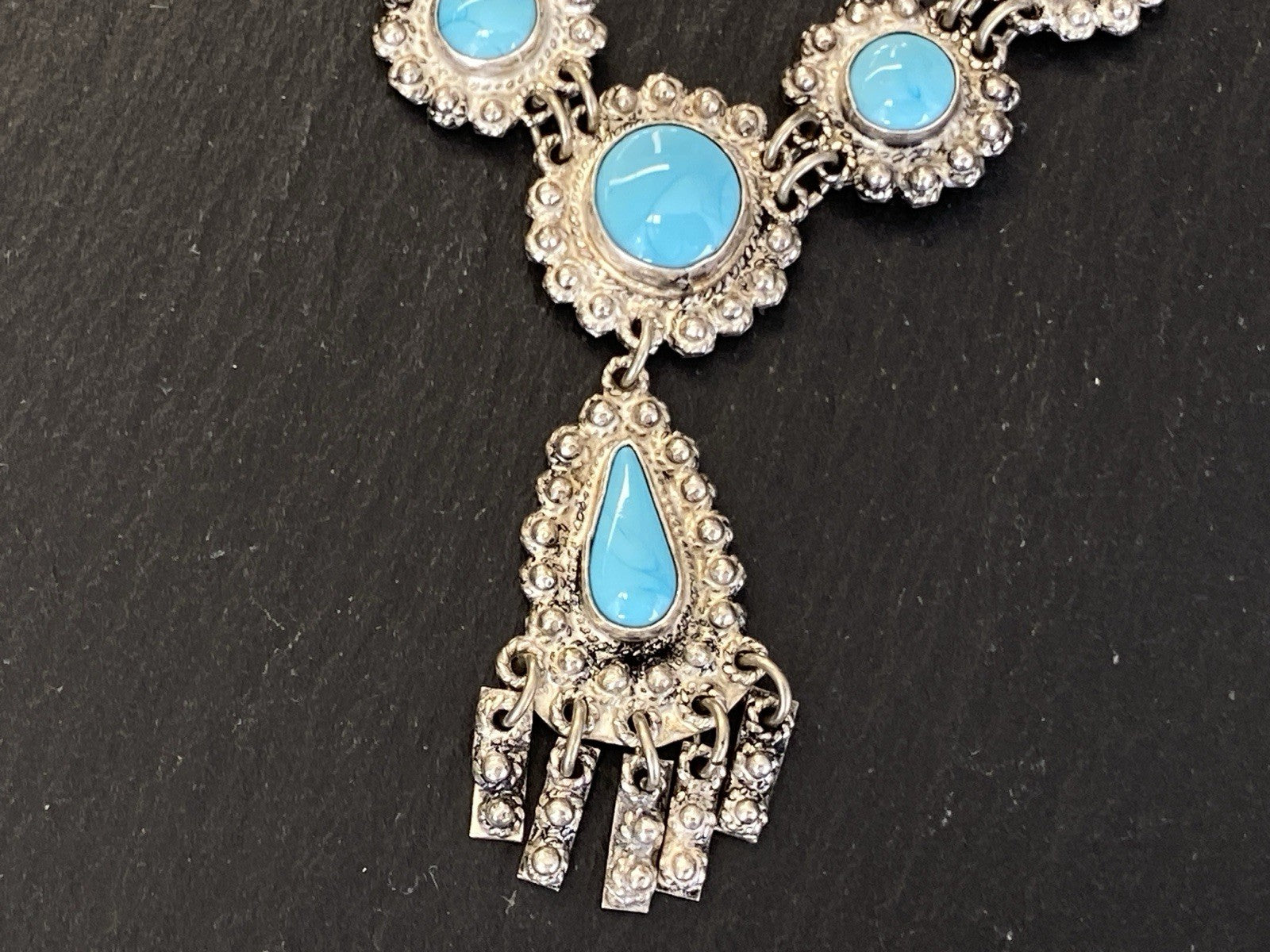 Prunkvolle Halskette Kette mit Türkis Cabochons Türkise aus 950 Sterling Silber