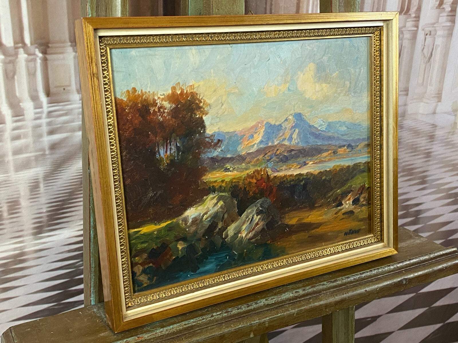 Ölgemälde See Landschaft vor Gebirge Gemälde signiert Höhne gerahmt