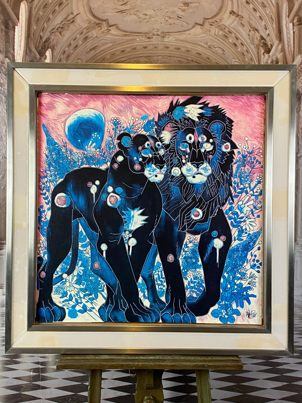 Jiang Tiefeng Signierte Serigraphie Afrika Löwen massiv gerahmt