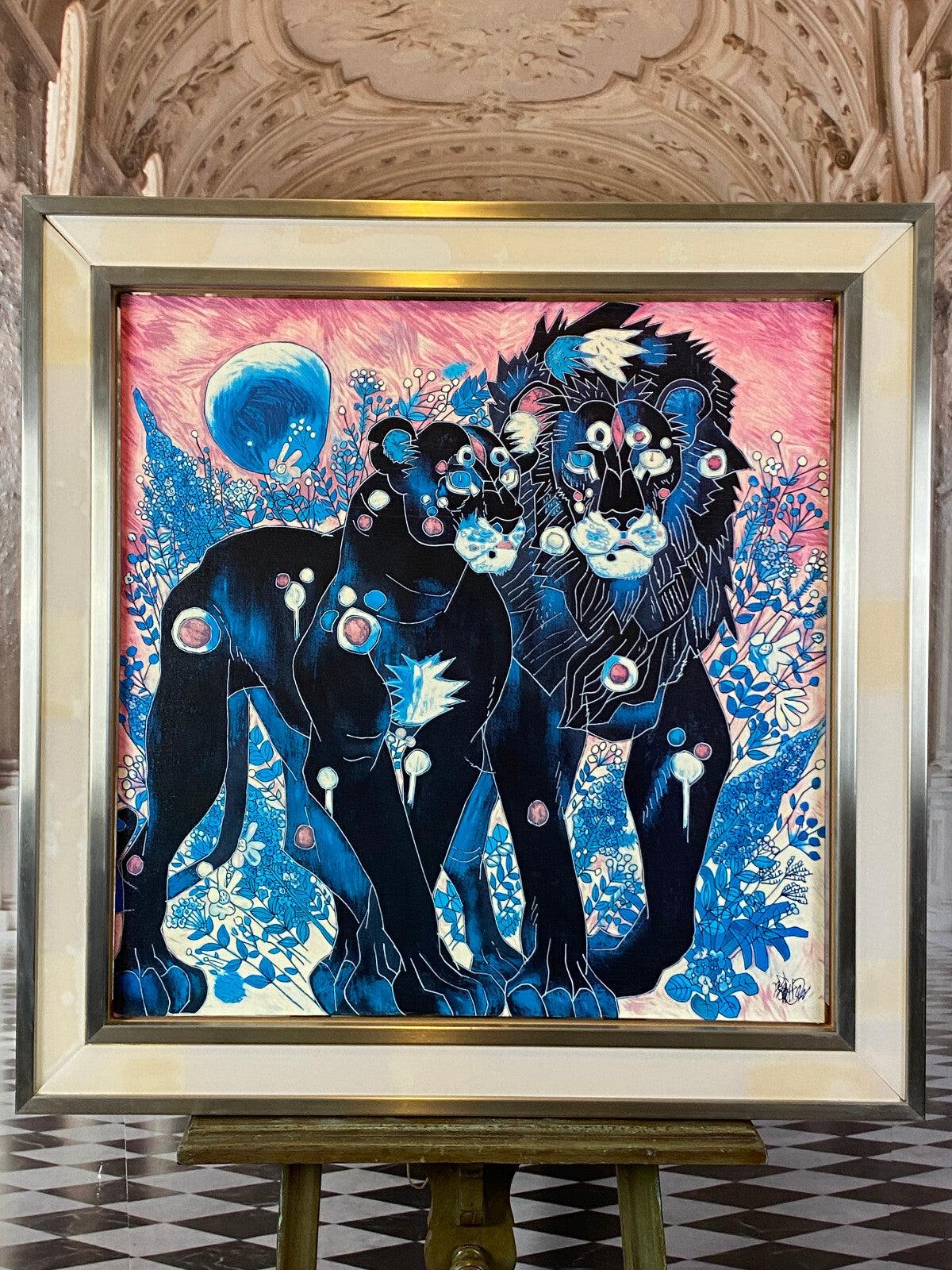 Jiang Tiefeng Signierte Serigraphie Afrika Löwen massiv gerahmt