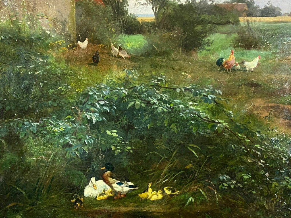 Öl Gemälde Federvieh am Gehöf im Prunkrahmen auf Karton Carl I Jutz (1838-1916)