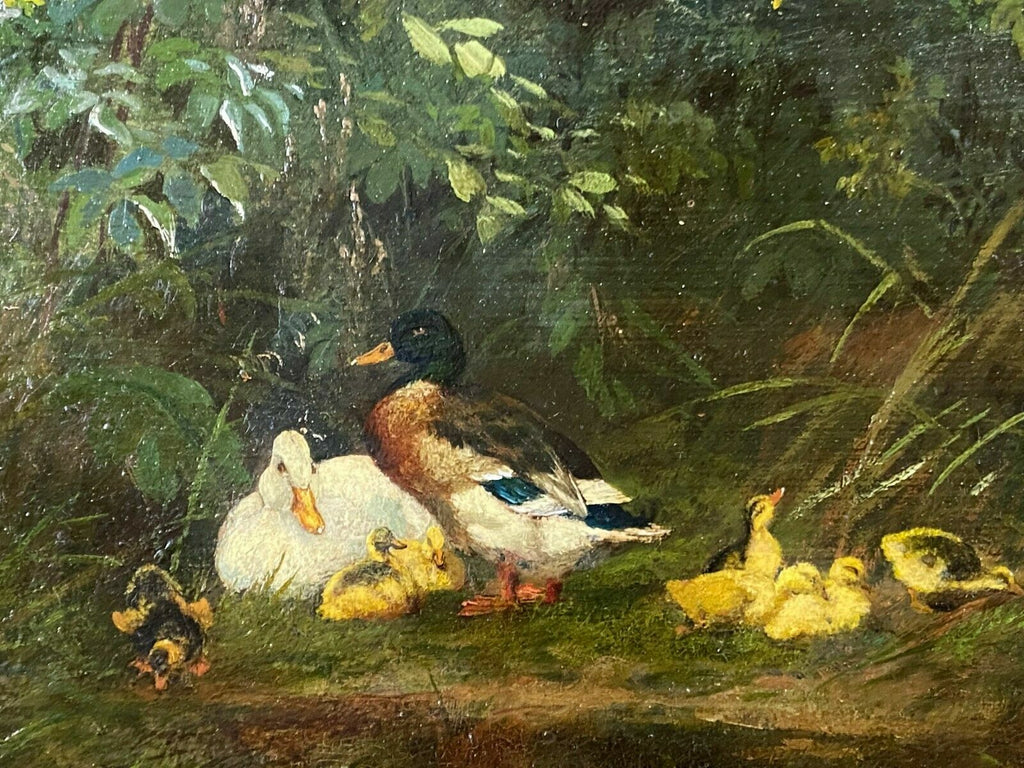 Öl Gemälde Federvieh am Gehöf im Prunkrahmen auf Karton Carl I Jutz (1838-1916)