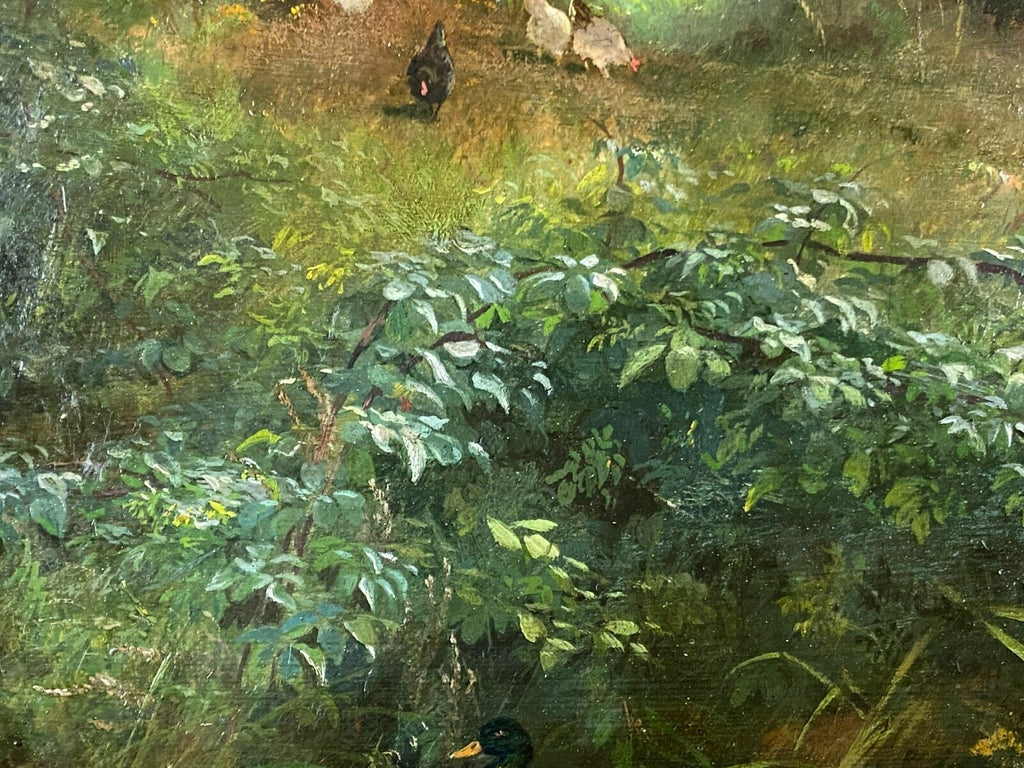 Öl Gemälde Federvieh am Gehöf im Prunkrahmen auf Karton Carl I Jutz (1838-1916)