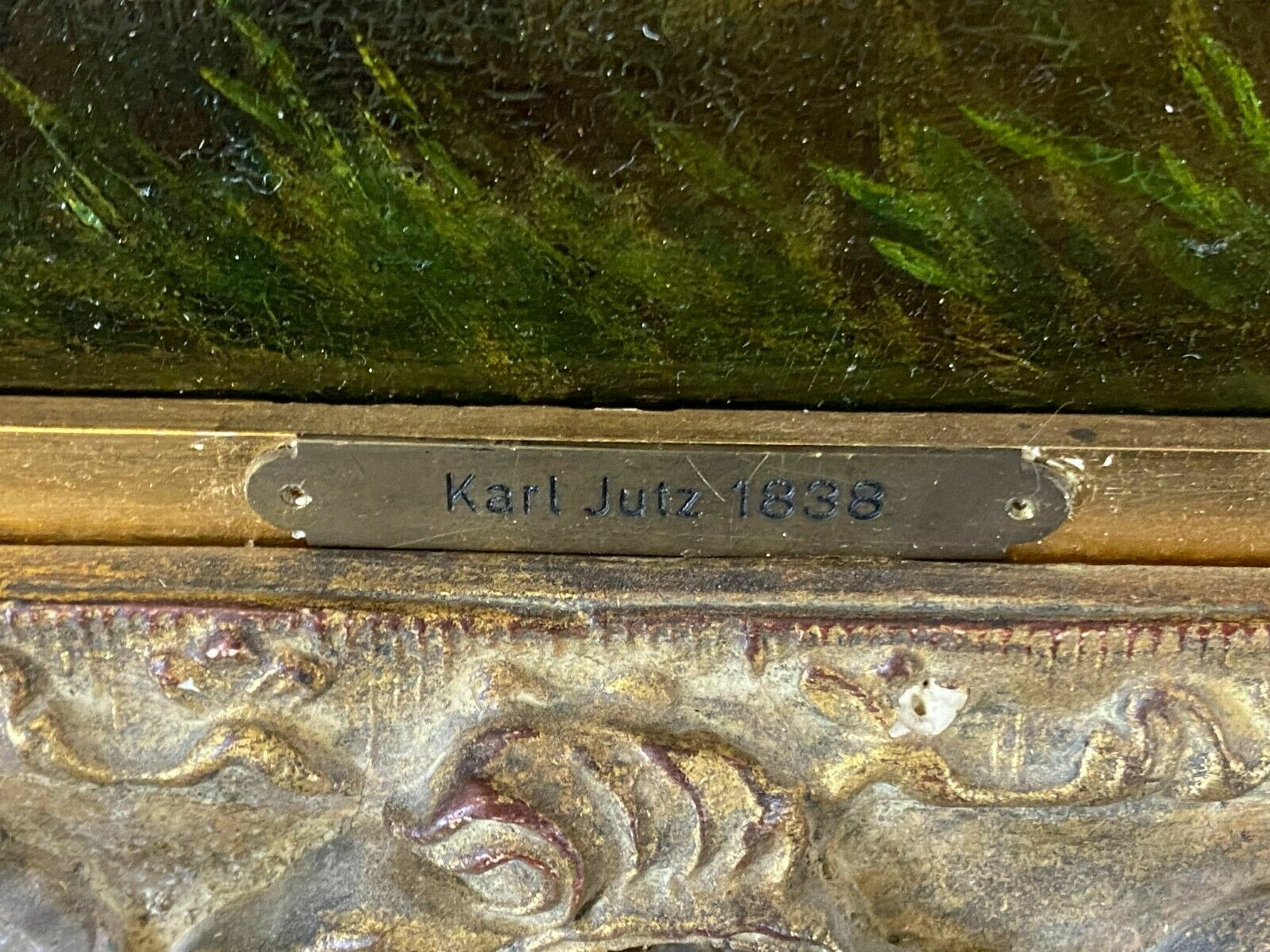 Öl Gemälde Federvieh am Gehöf im Prunkrahmen auf Karton Carl I Jutz (1838-1916)