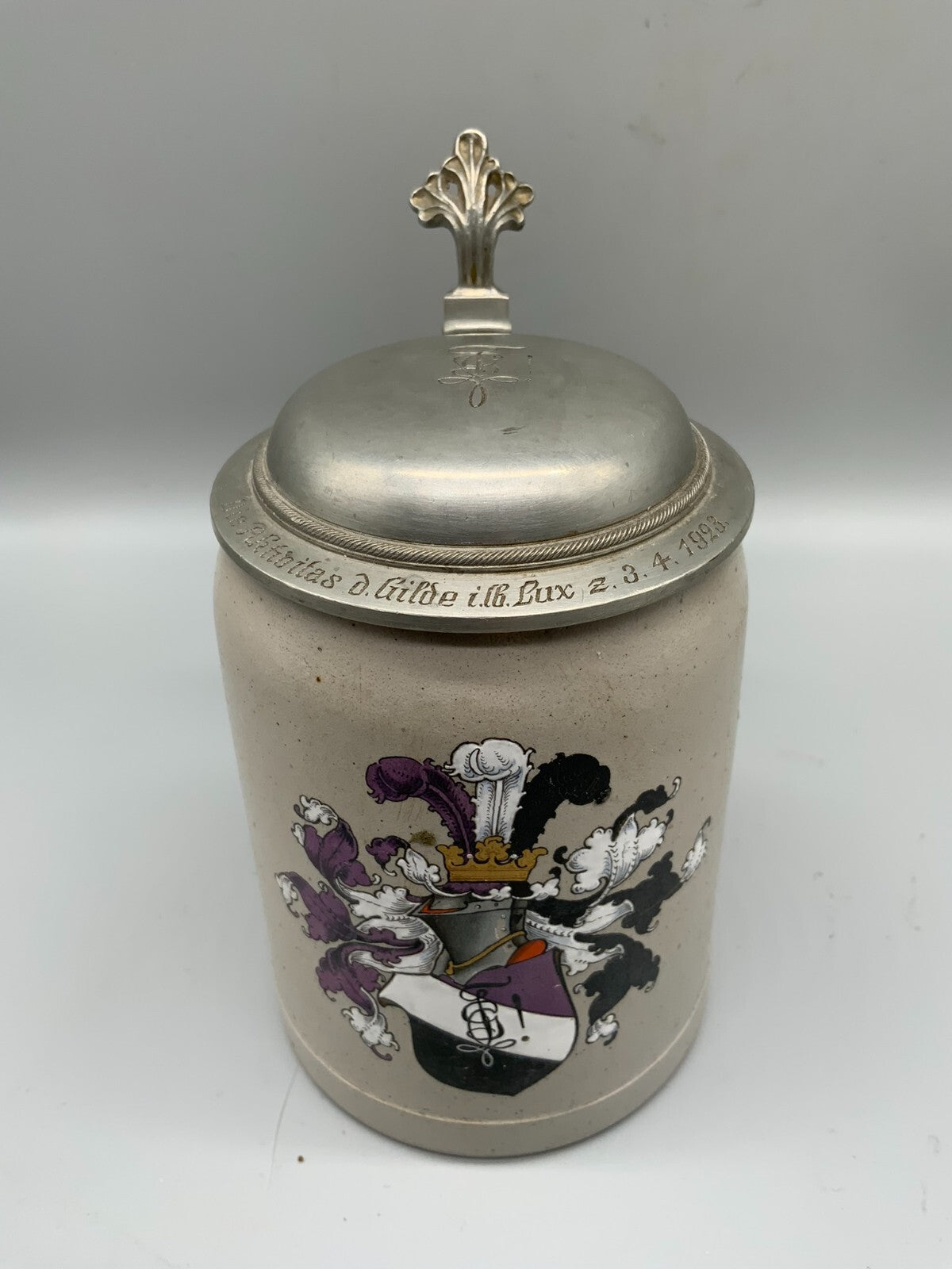 ANTIKER KRUG STEINGUT WAPPEN HANDBEMALT STUDENTIKA STUDENTENKRUG 1923