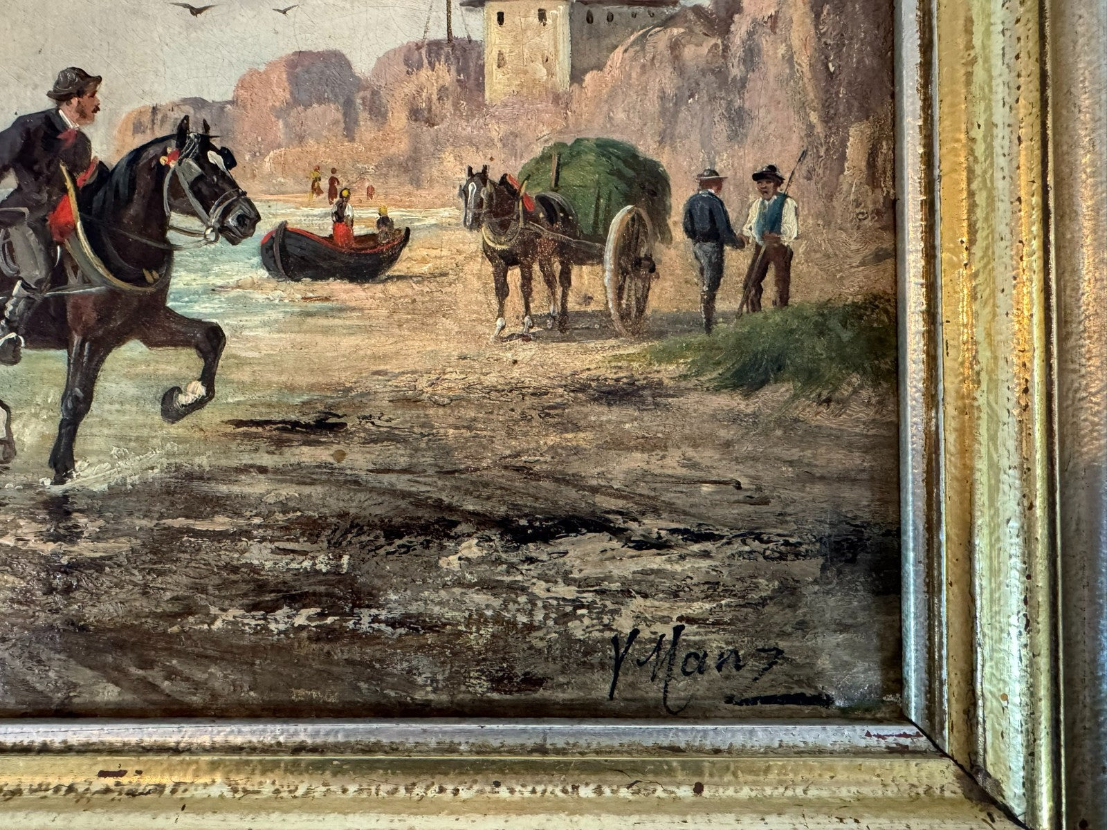 Kleines Ölgemälde Reiter am Strand signiert V. Manz