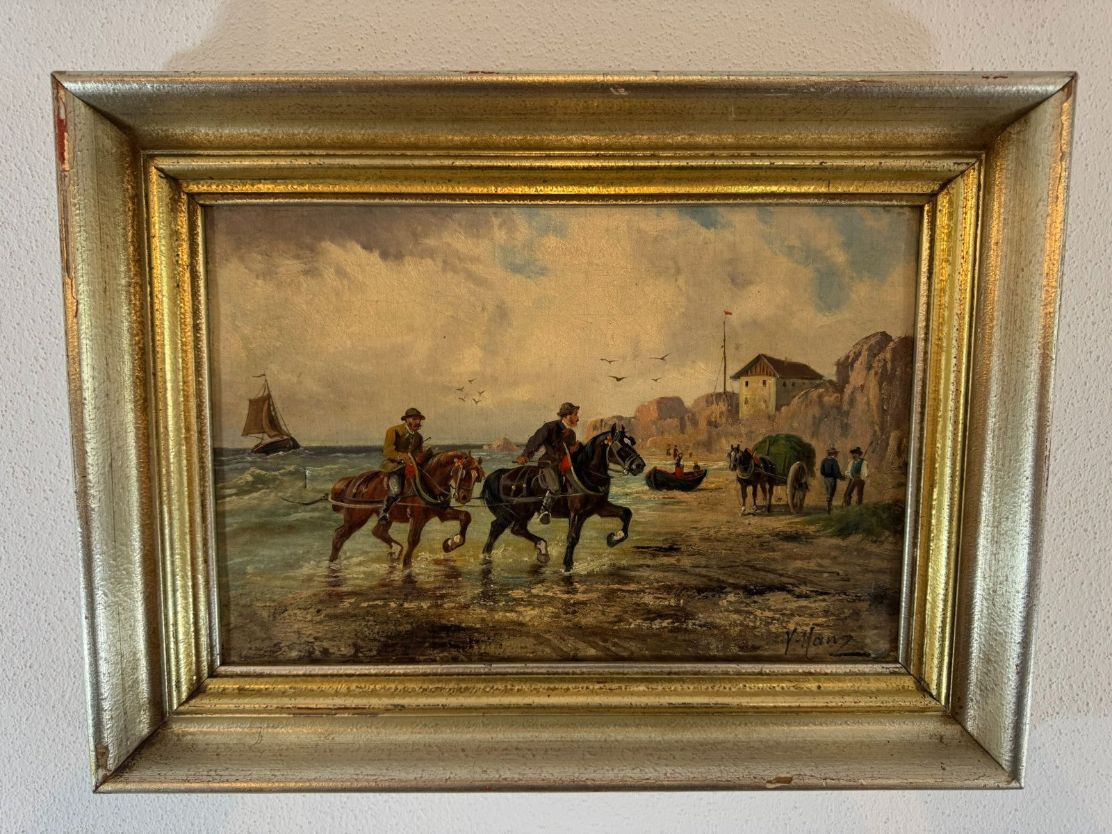 Kleines Ölgemälde Reiter am Strand signiert V. Manz