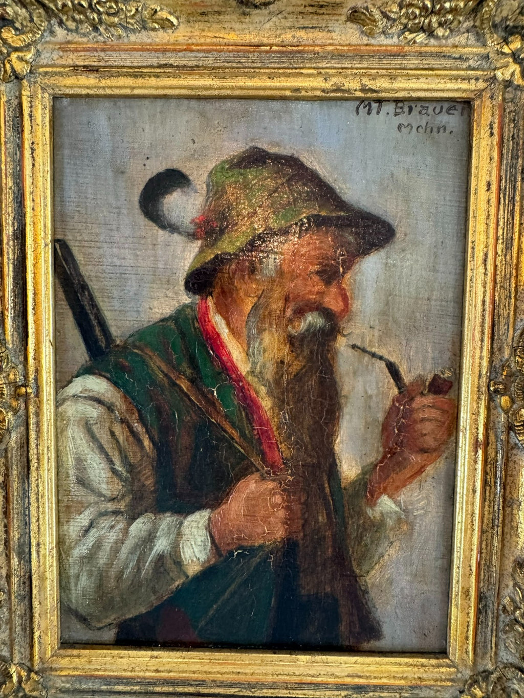 Ölgemälde Portrait Jäger mit Pfeiffe in Prunkrahmen signiert Mt Brauer München