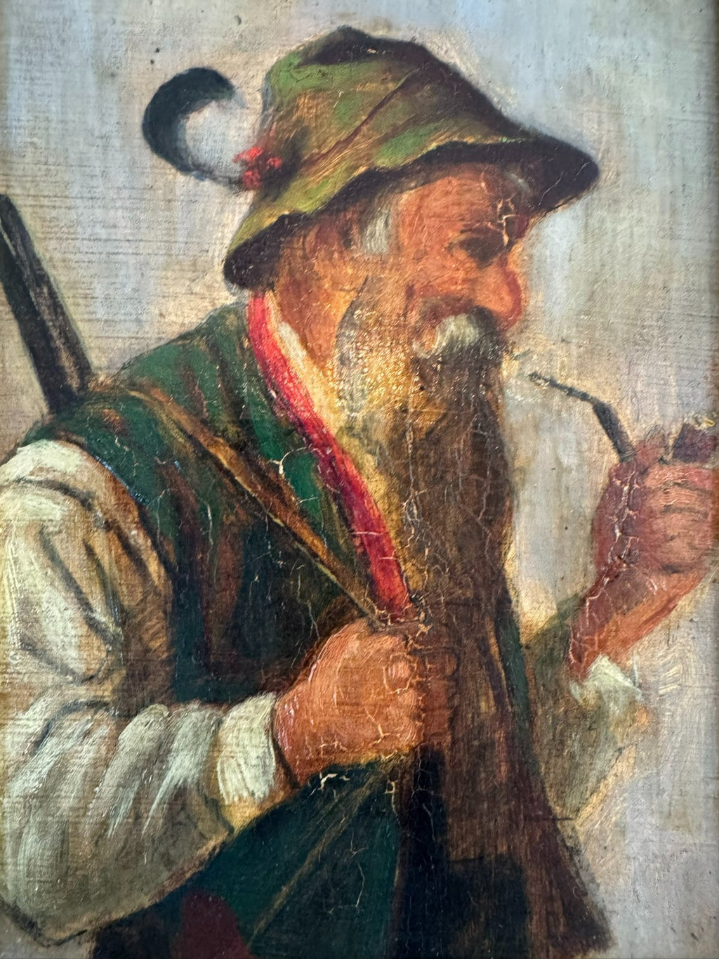 Ölgemälde Portrait Jäger mit Pfeiffe in Prunkrahmen signiert Mt Brauer München