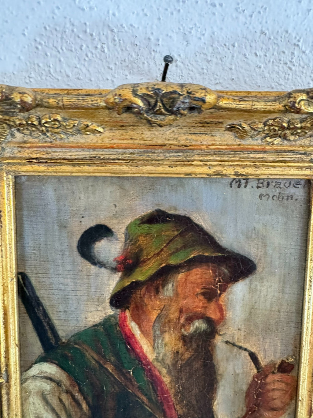 Ölgemälde Portrait Jäger mit Pfeiffe in Prunkrahmen signiert Mt Brauer München