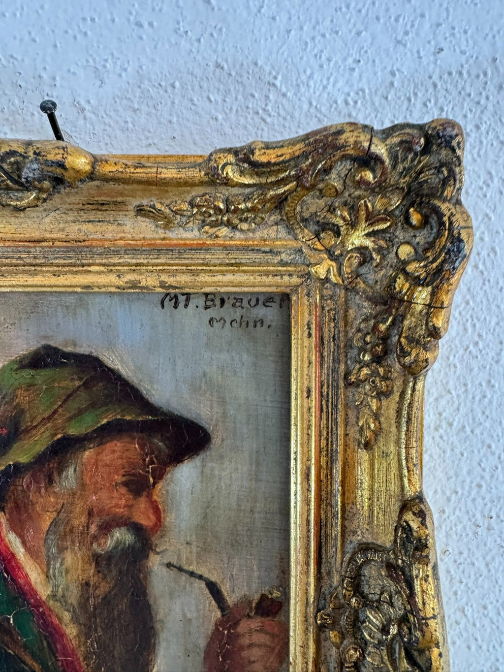 Ölgemälde Portrait Jäger mit Pfeiffe in Prunkrahmen signiert Mt Brauer München