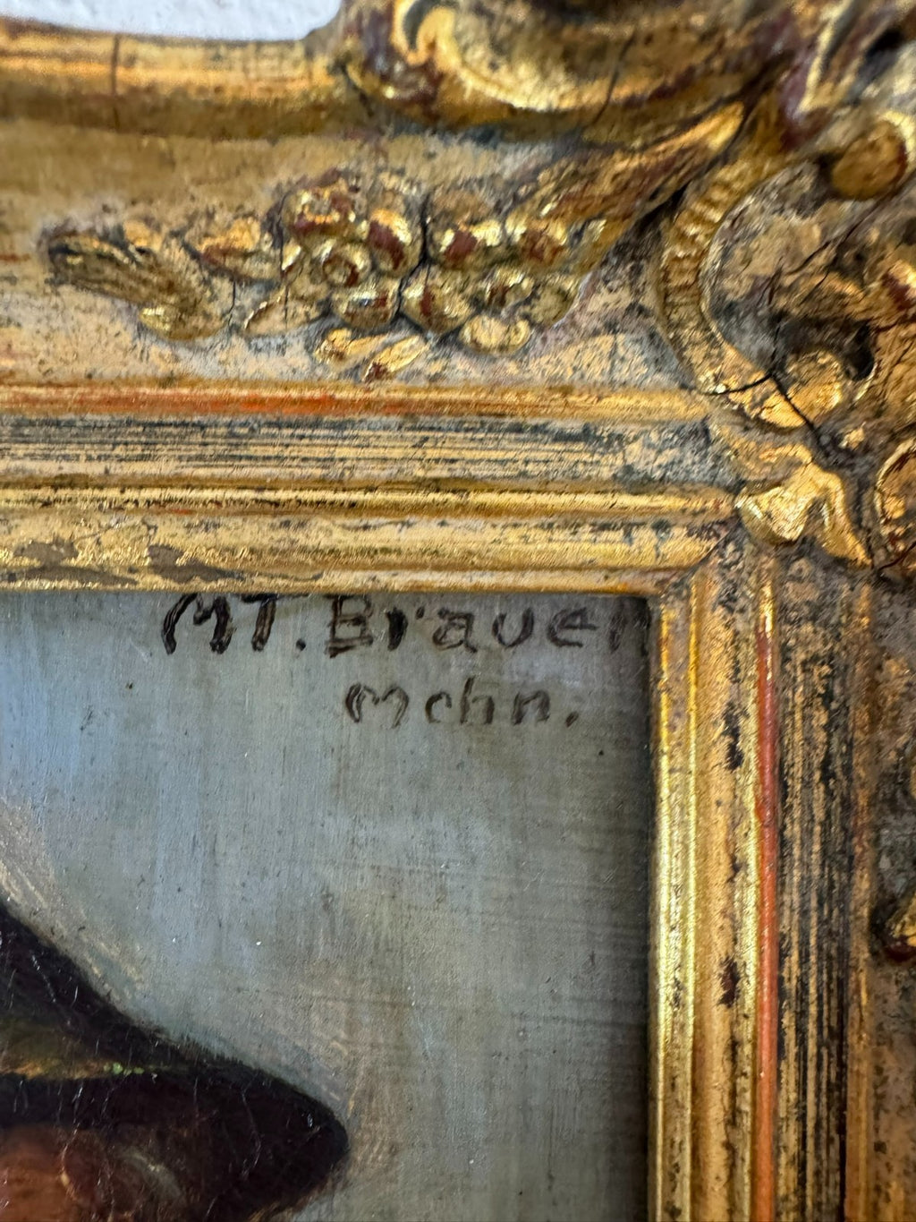 Ölgemälde Portrait Jäger mit Pfeiffe in Prunkrahmen signiert Mt Brauer München