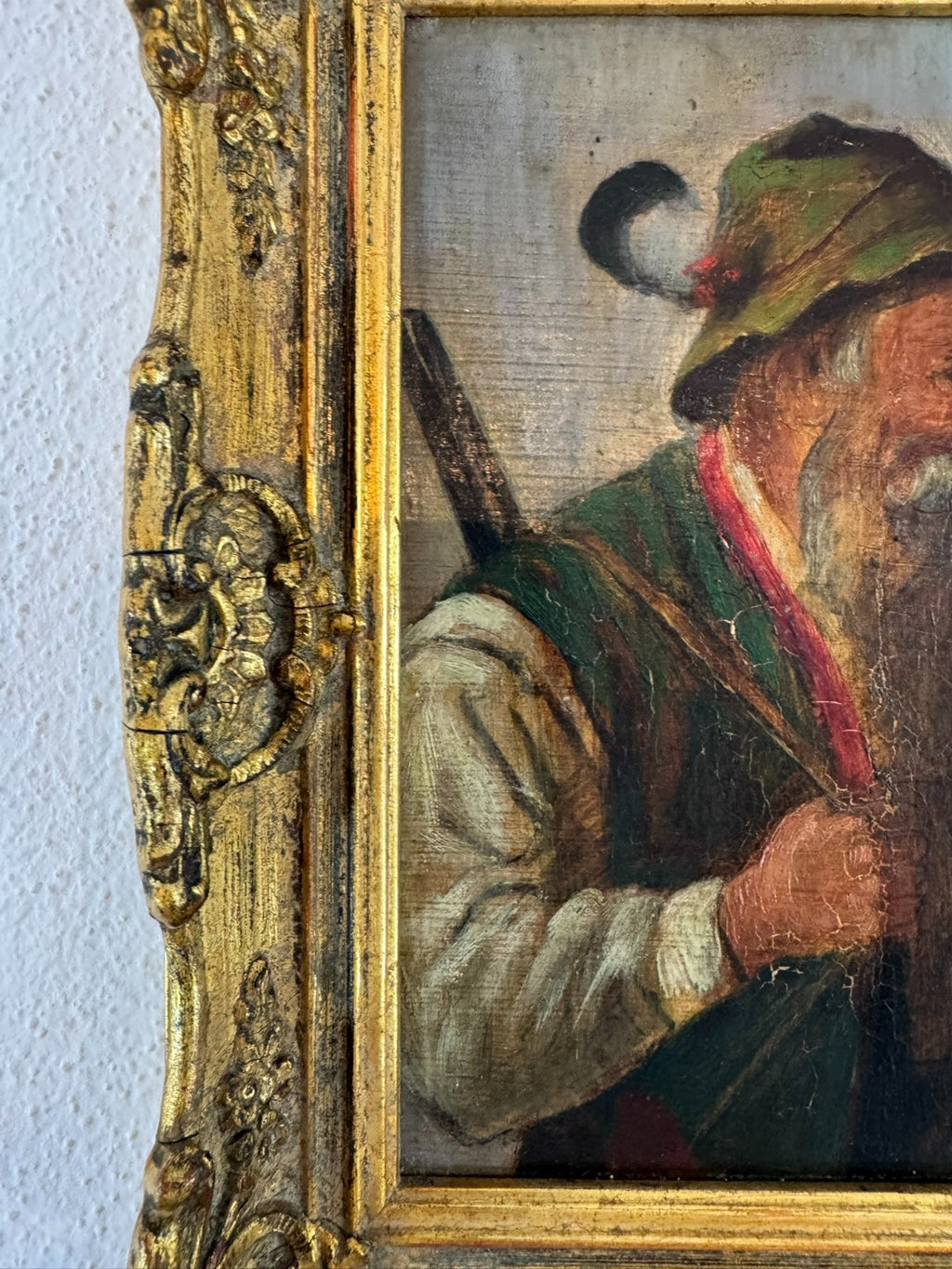 Ölgemälde Portrait Jäger mit Pfeiffe in Prunkrahmen signiert Mt Brauer München