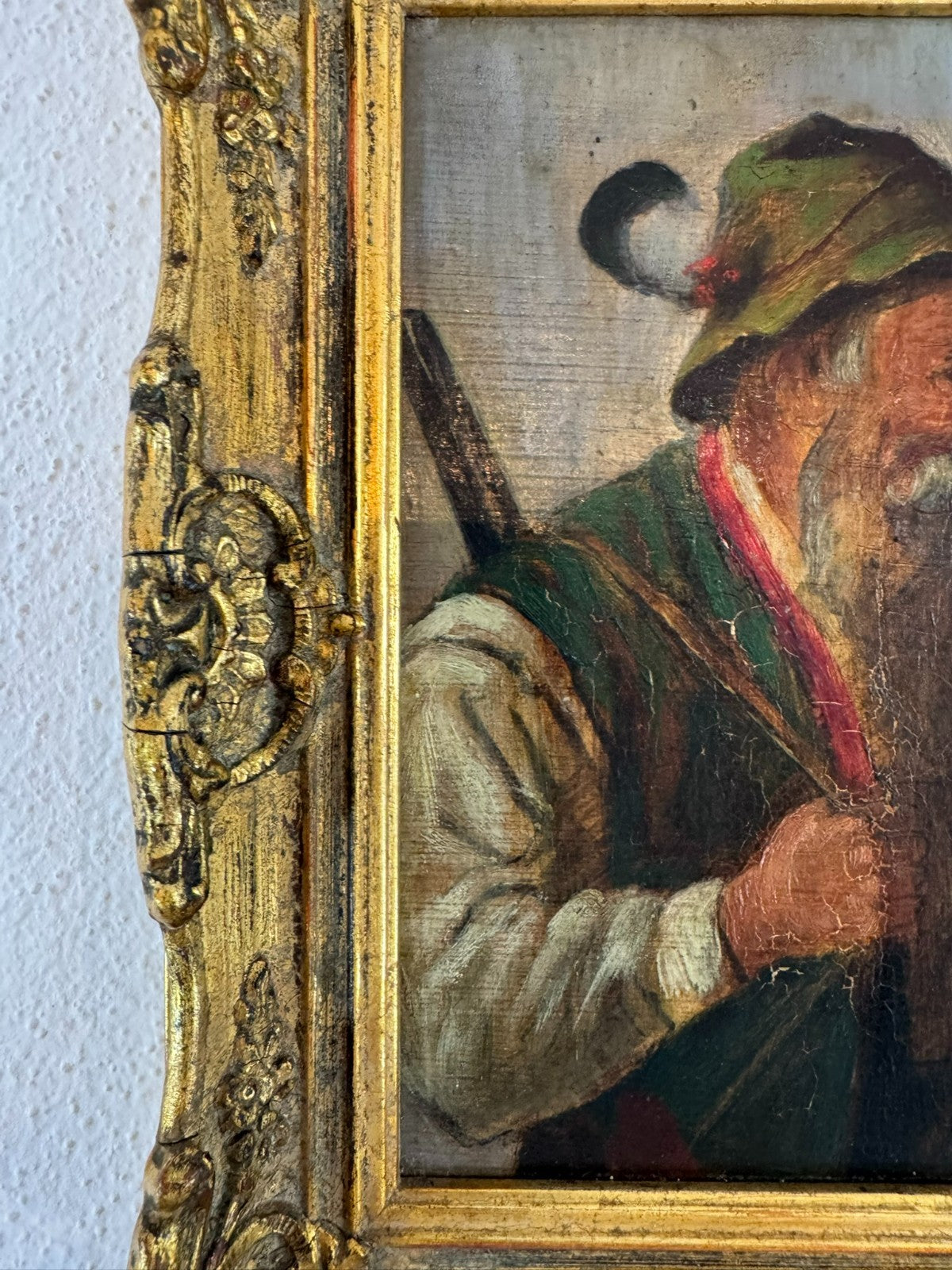 Ölgemälde Portrait Jäger mit Pfeiffe in Prunkrahmen signiert Mt Brauer München