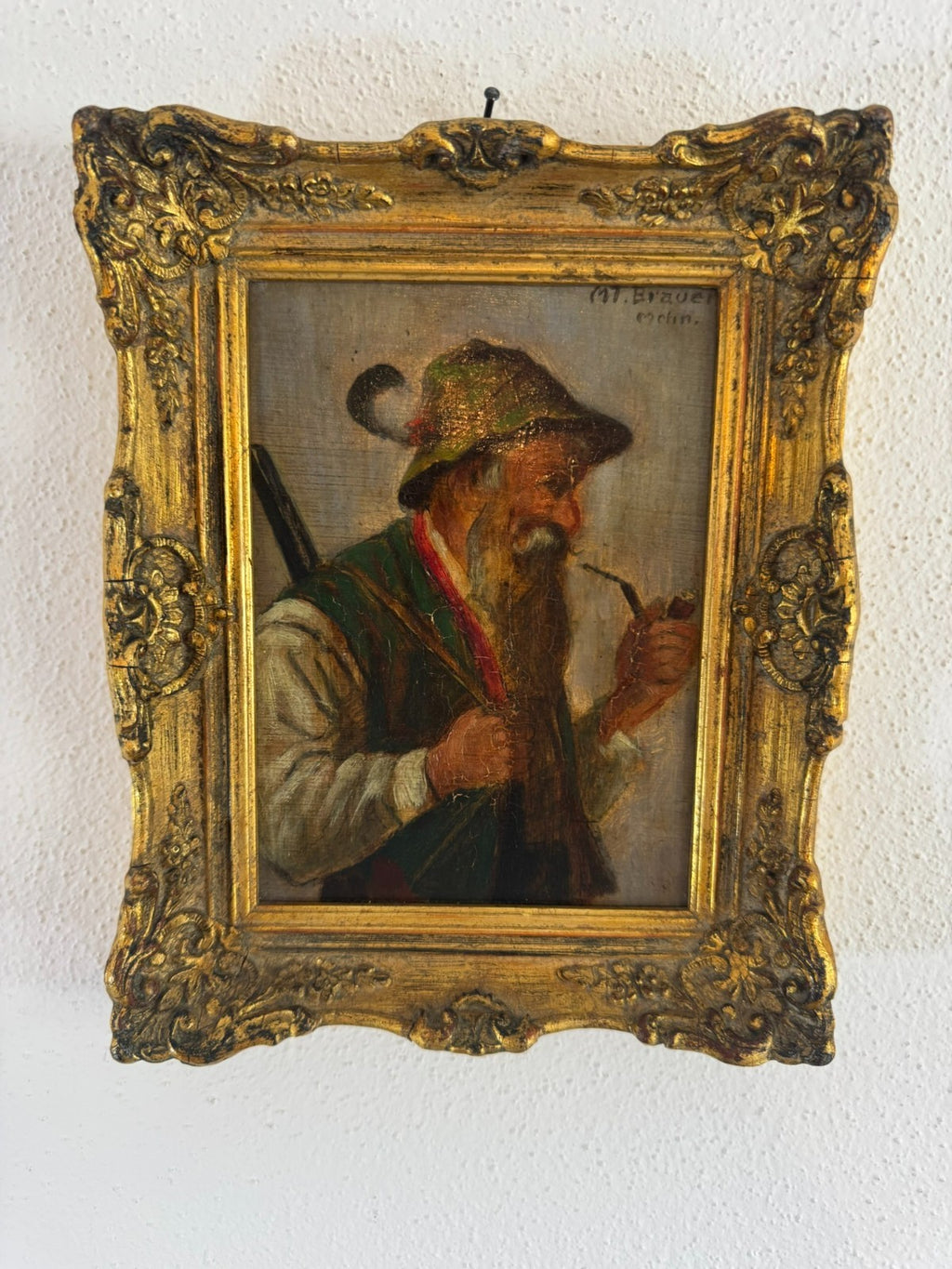 ÖLGEMÄLDE PORTRAIT JÄGER MIT PFEIFFE IN PRUNKRAHMEN SIGNIERT MT BRAUER MÜNCHEN