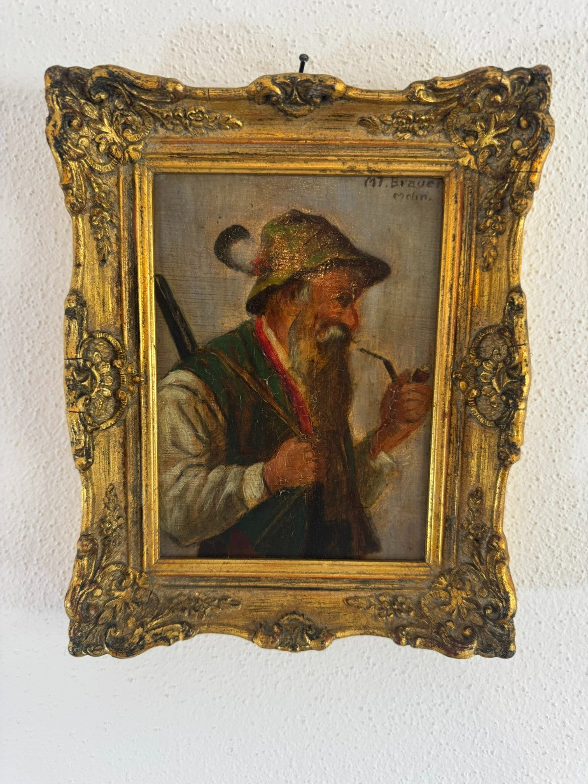 ÖLGEMÄLDE PORTRAIT JÄGER MIT PFEIFFE IN PRUNKRAHMEN SIGNIERT MT BRAUER MÜNCHEN
