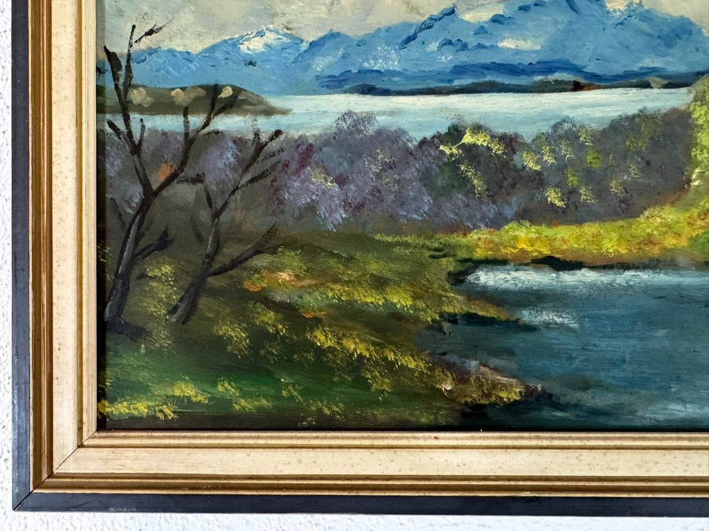 Ölgemälde Landschaft Kapelle am See