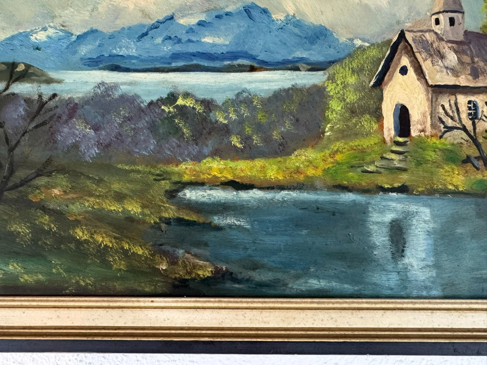 Ölgemälde Landschaft Kapelle am See