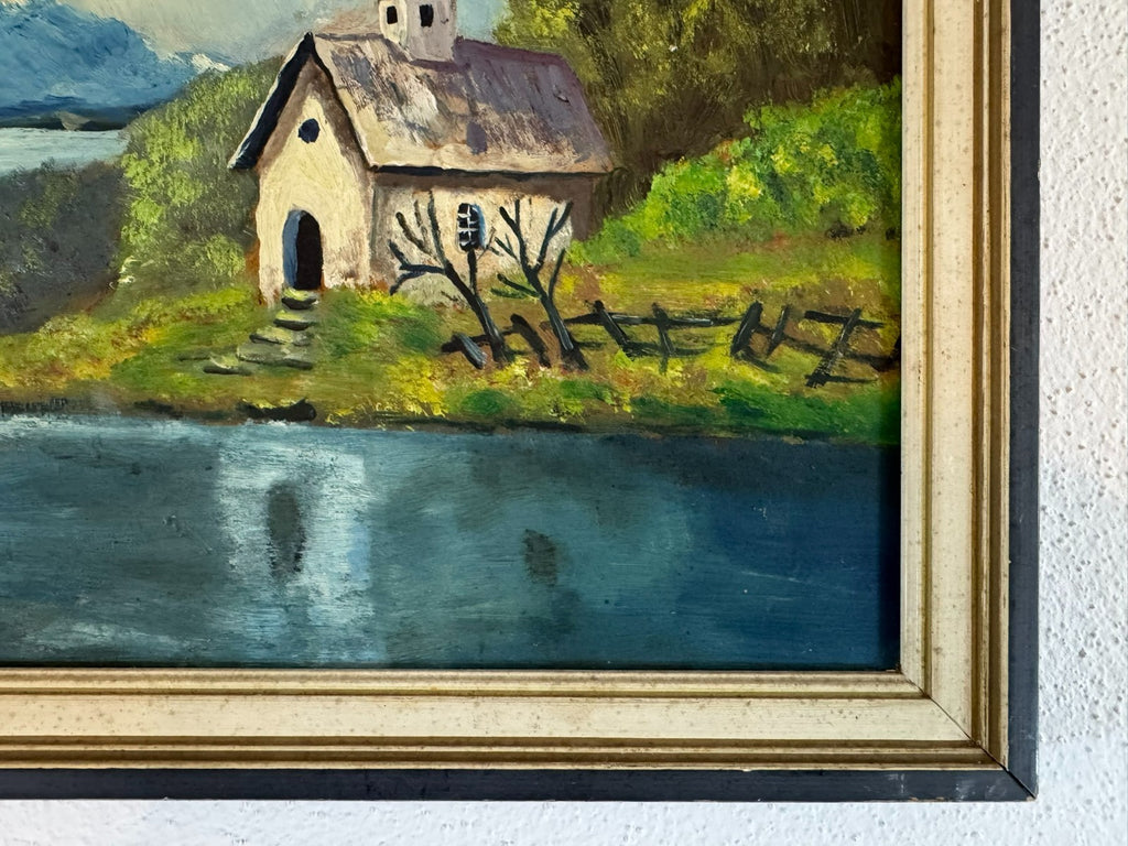 Ölgemälde Landschaft Kapelle am See