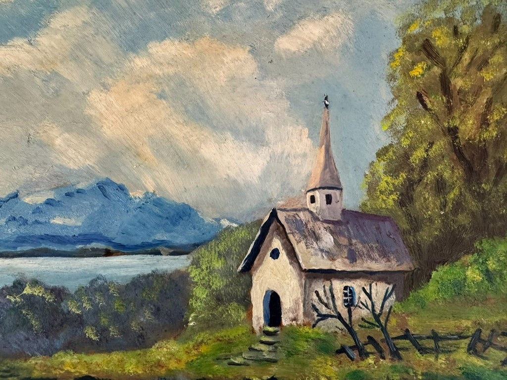 Ölgemälde Landschaft Kapelle am See