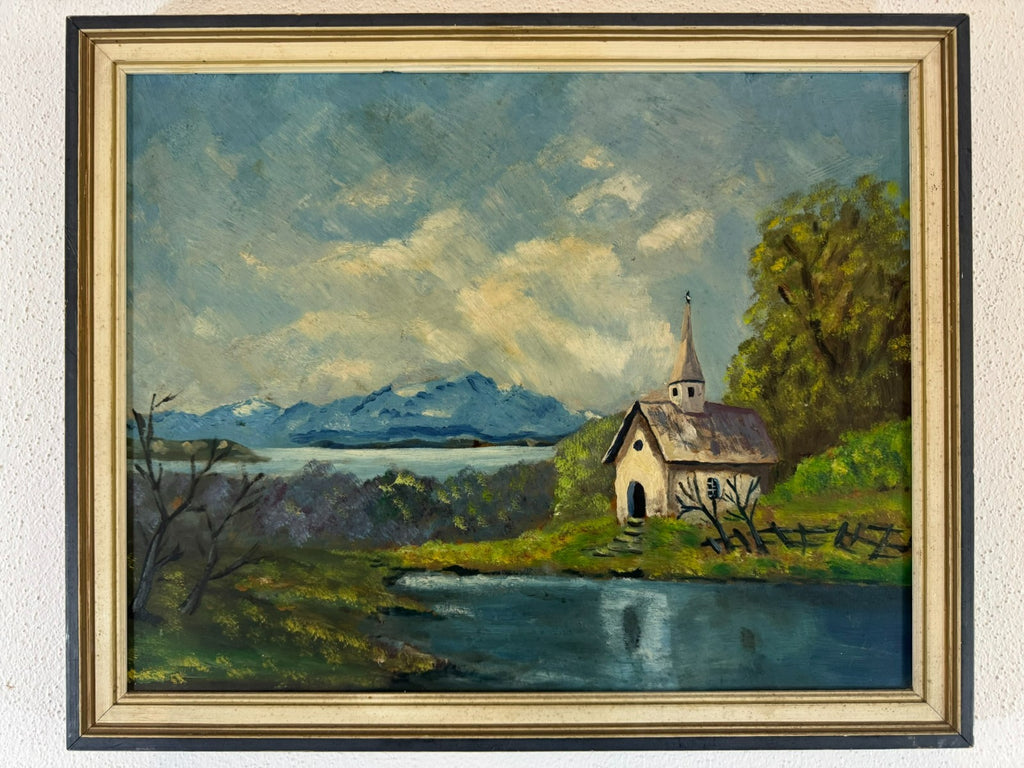 Ölgemälde Landschaft Kapelle am See