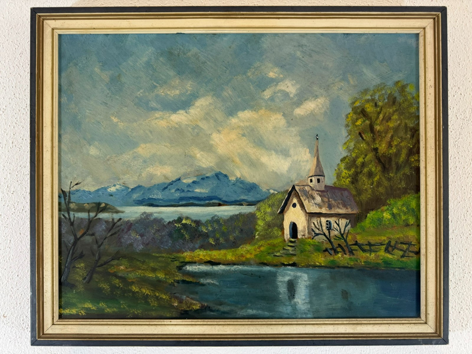 Ölgemälde Landschaft Kapelle am See
