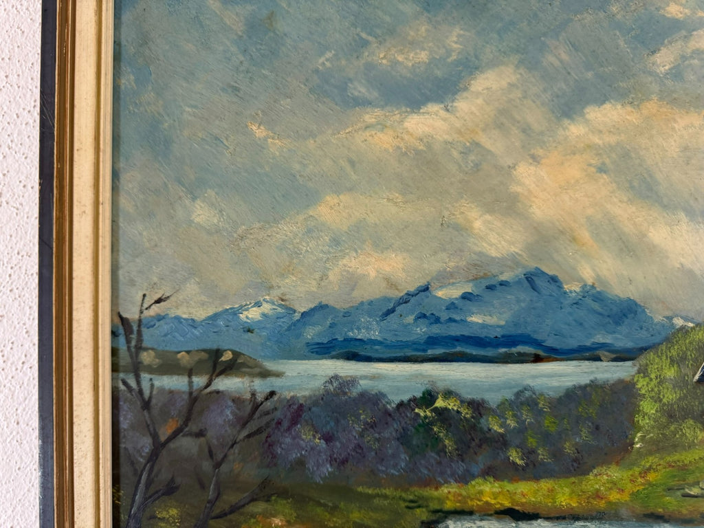 Ölgemälde Landschaft Kapelle am See