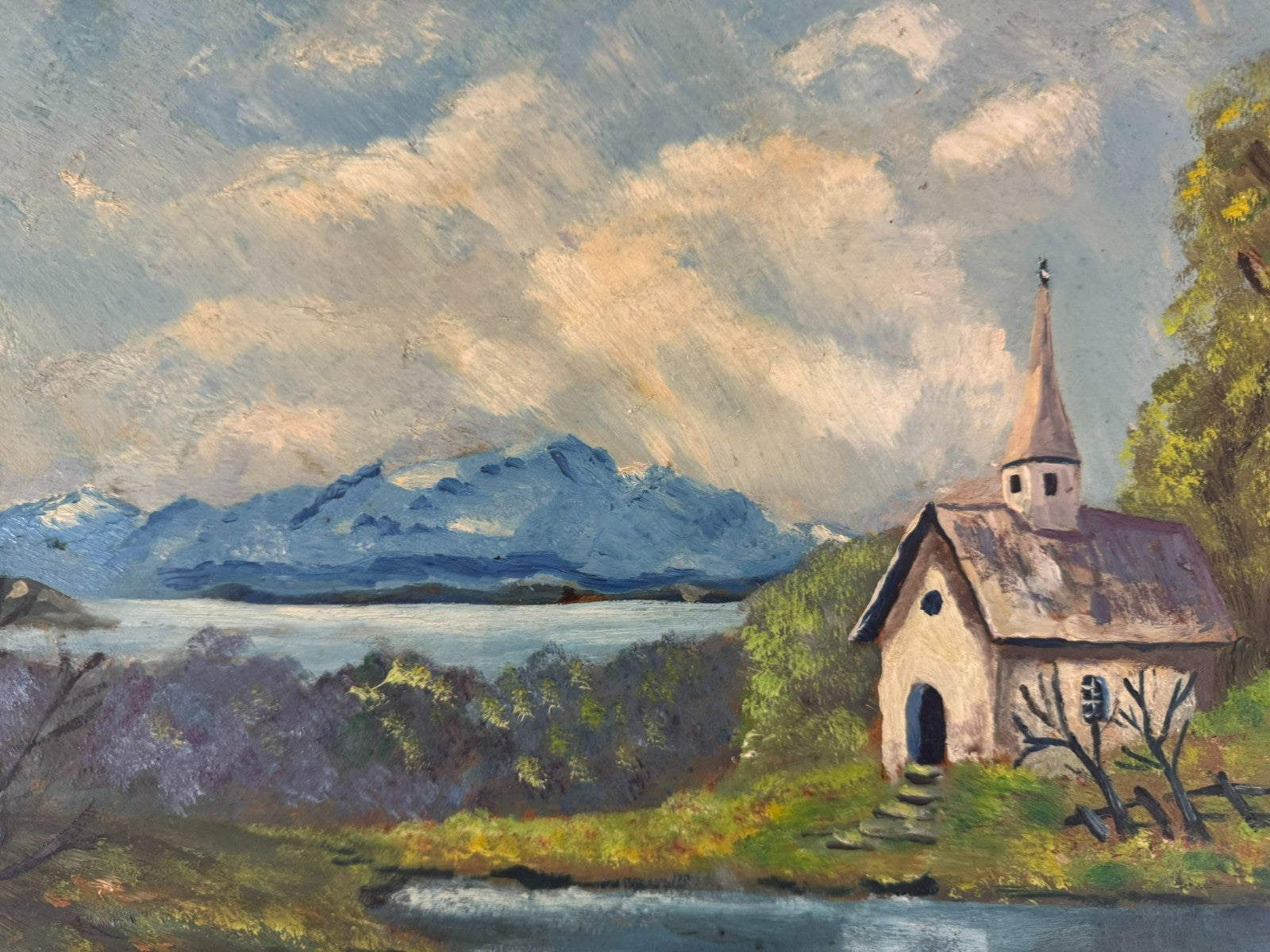Ölgemälde Landschaft Kapelle am See