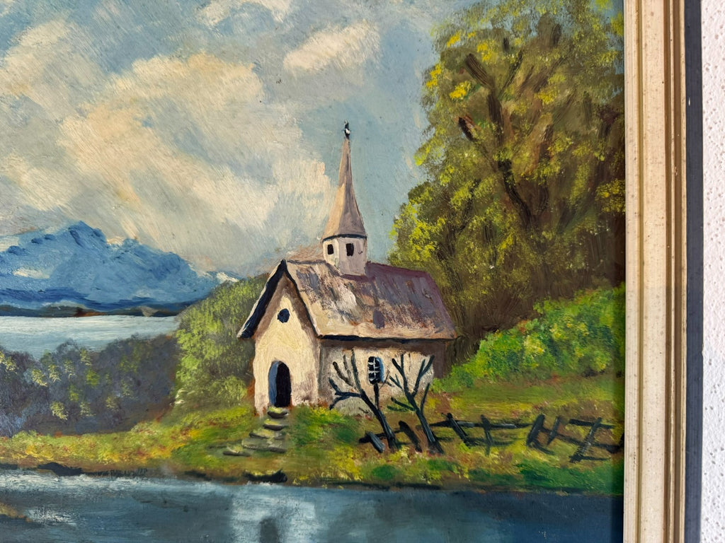Ölgemälde Landschaft Kapelle am See