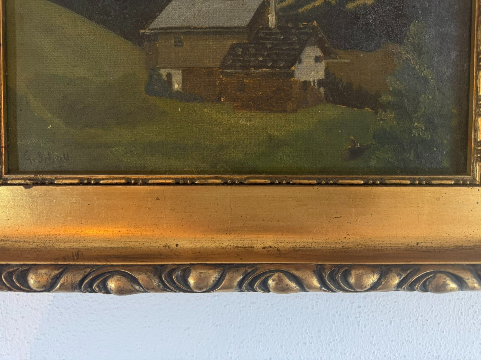 Antikes Ölgemälde Landschaft mit Haus signiert G. Scholl 1925