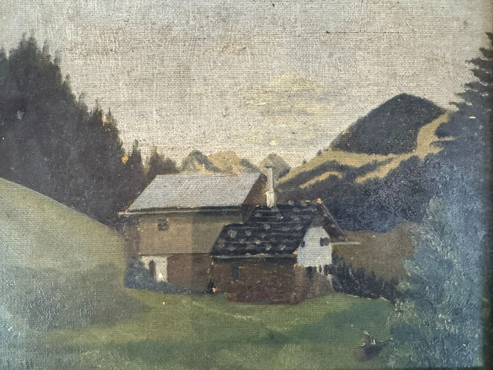Antikes Ölgemälde Landschaft mit Haus signiert G. Scholl 1925